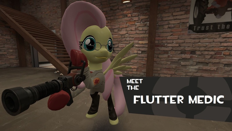 Size: 1360x768 | Tagged: 3d, artist:daemonbombinc, crossover, derpibooru import, fluttermedic, fluttershy, medic, safe, team fortress 2