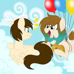 Size: 2000x2000 | Tagged: safe, artist:azure-art-wave, derpibooru import, oc, oc:allie, oc:liv, unofficial characters only, earth pony, pegasus, pony, acoustic guitar, balloon, cloud, female, gift art, guitar, looking at each other, mare, open mouth, prone, sky, smiling, surprised