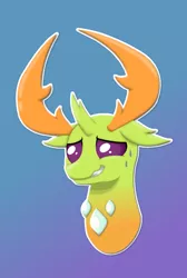 Size: 1560x2325 | Tagged: artist:ljdamz1119, blue background, bust, changedling, changeling, derpibooru import, gradient background, grin, king thorax, nervous, nervous grin, safe, smiling, solo, sweat, thorax