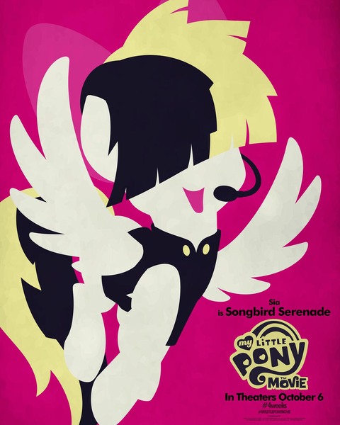 Size: 1500x1875 | Tagged: safe, derpibooru import, official, songbird serenade, pegasus, pony, my little pony: the movie, bow, female, flying, hair bow, headworn microphone, hooves, lineless, mare, minimalist, modern art, movie poster, my little pony logo, open mouth, poster, red background, sia (singer), simple background, solo, spread wings, wings