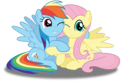 Size: 1500x1000 | Tagged: safe, artist:spellboundcanvas, derpibooru import, fluttershy, rainbow dash, fame and misfortune, cute, dashabetes, duo, flawless, hug, one eye closed, shyabetes, simple background, transparent background, vector, wink