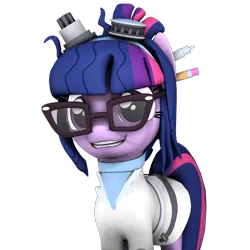 Size: 1080x1080 | Tagged: safe, artist:dazzion, derpibooru import, sci-twi, twilight sparkle, ponified, pony, unicorn, eqg summertime shorts, mad twience, 3d, clothes, cute, equestria girls ponified, goggles, lab coat, simple background, transparent background, twiabetes