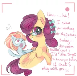 Size: 845x837 | Tagged: safe, artist:pinkablue, derpibooru import, posey shy, windy whistles, pegasus, pony, accessories, blushing, camera, camera shot, cute, date, duo, encouraging, female, glasses, implied mr. shy, mare, one eye closed, open mouth, wink, younger