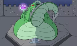 Size: 5000x3000 | Tagged: artist:facade, crushing, derpibooru import, diamond dog, dragon, facesitting, fat, huge butt, impossibly large butt, large butt, oc, oc:dacian, oc:mia pennington, potion, property damage, suggestive, unofficial characters only