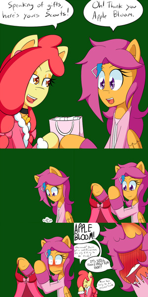 Size: 1600x3200 | Tagged: suggestive, artist:jake heritagu, derpibooru import, apple bloom, scootaloo, pony, comic:ask motherly scootaloo, babydoll, blushing, blushing profusely, clothes, comic, hairpin, lingerie, medallion, motherly scootaloo, nightgown, sweater, sweatshirt