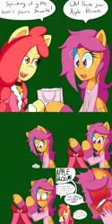 Size: 1600x3200 | Tagged: suggestive, artist:jake heritagu, derpibooru import, apple bloom, scootaloo, pony, comic:ask motherly scootaloo, babydoll, blushing, blushing profusely, clothes, comic, hairpin, lingerie, medallion, motherly scootaloo, nightgown, sweater, sweatshirt