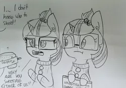 Size: 1487x1049 | Tagged: safe, artist:tjpones, derpibooru import, moondancer, sci-twi, twilight sparkle, ponified, pony, unicorn, series:sciset diary, alternate hairstyle, clothes, dialogue, duo, equestria girls ponified, female, glasses, grayscale, hoof hold, monochrome, offscreen character, spot the imposter, squirt gun, sweater, traditional art, unamused