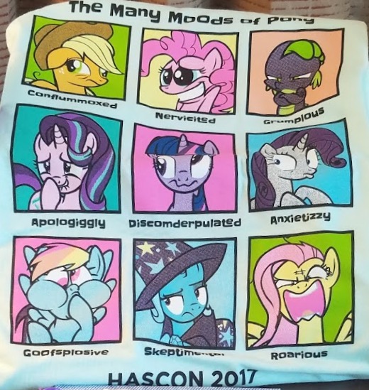 Size: 520x549 | Tagged: safe, derpibooru import, applejack, fluttershy, pinkie pie, rainbow dash, rarity, spike, starlight glimmer, trixie, twilight sparkle, dragon, anxietizzy, apologiggly, clothes, conflummoxed, cute, discomderpulated, flutterrage, goofsplosive, grumpious, hascon, moods, nervicited, roarious, shirt, skeptimental, spikabetes, t-shirt