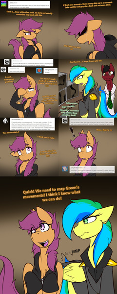 Size: 1500x3750 | Tagged: safe, artist:conmanwolf, derpibooru import, scootaloo, oc, oc:aurora dawn, oc:dr. atmosphere, oc:green, oc:little monster, draconequus, pony, ask factory scootaloo, fanfic:rainbow factory, clothes, comic, crying, factory scootaloo, idea, monitor, silhouette