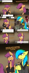 Size: 1500x3750 | Tagged: safe, artist:conmanwolf, derpibooru import, scootaloo, oc, oc:aurora dawn, oc:dr. atmosphere, oc:green, oc:little monster, draconequus, pony, ask factory scootaloo, fanfic:rainbow factory, clothes, comic, crying, factory scootaloo, idea, monitor, silhouette