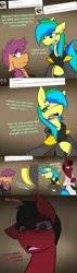 Size: 1500x5250 | Tagged: safe, artist:conmanwolf, derpibooru import, scootaloo, oc, oc:aurora dawn, oc:dr. atmosphere, pony, ask factory scootaloo, fanfic:rainbow factory, clothes, comic, factory scootaloo