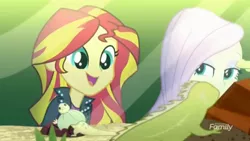 Size: 1364x768 | Tagged: safe, derpibooru import, screencap, fluttershy, sunset shimmer, eqg summertime shorts, equestria girls, pet project, cute, happy, lidded eyes, shimmerbetes, shimmersmile, smiling