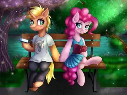 Size: 2000x1500 | Tagged: safe, artist:kruszyna25, derpibooru import, pinkie pie, oc, earth pony, pony, unicorn, bench, blushing, book, canon x oc, clothes, dress, female, looking at each other, male, mare, meeting, mobile phone, park, phone, river, shy, smartphone, smiling, stallion, straight, sunshine, tree