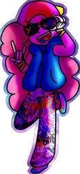 Size: 581x1266 | Tagged: safe, artist:the-75th-hunger-game, derpibooru import, pinkie pie, equestria girls, backwards ballcap, baseball cap, bracelet, cap, clothes, devil horn (gesture), dippy fresh, dramatic lighting, galaxy, hat, jewelry, neon, open mouth, pants, shirt, shoes, simple background, sneakers, solo, sunglasses, sweatpants, t-shirt, transparent background, underfresh, undertale, vest, yolo