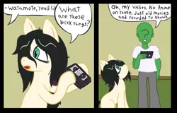 Size: 610x390 | Tagged: safe, artist:scraggleman, derpibooru import, oc, oc:anon, oc:floor bored, unofficial characters only, earth pony, human, pony, 2 panel comic, comic, dialogue, sitting, vhs