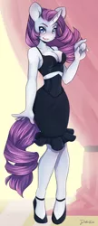 Size: 952x2203 | Tagged: suggestive, artist:dahliabee, derpibooru import, rarity, anthro, unguligrade anthro, unicorn, breasts, busty rarity, cleavage, clothes, dress, female, high heels, looking at you, mare, shoes, signature, smiling, solo, solo female