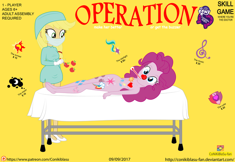 Size: 3790x2614 | Tagged: suggestive, artist:conikiblasu-fan, derpibooru import, applejack, pinkie pie, equestria girls, breasts, clothes, crossover, cutie mark, cutie mark on equestria girl, female, gloves, high res, image, medical gloves, nudity, operation, operation (game), patreon, patreon logo, png, ppe, rubber gloves, simple background, surgical mask, thermometer, yellow background