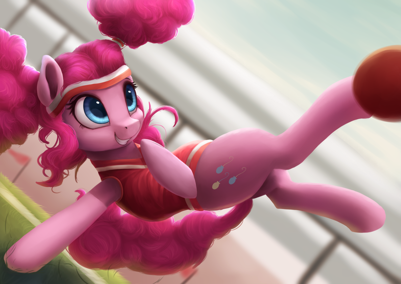 Size: 1200x850 | Tagged: safe, artist:vanillaghosties, derpibooru import, pinkie pie, earth pony, pony, buckball season, alternate hairstyle, bottomless, clothes, cute, diapinkes, female, mare, pinktails pie, smiling, solo