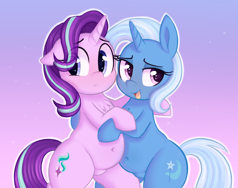 Size: 1243x981 | Tagged: safe, artist:toroitimu, derpibooru import, starlight glimmer, trixie, pony, unicorn, belly button, belly touch, chest fluff, chubby, cute, diatrixes, female, floppy ears, glimmerbetes, gradient background, lesbian, mare, open mouth, plump, shipping, smiling, startrix