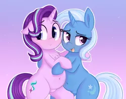 Size: 1243x981 | Tagged: safe, artist:toroitimu, derpibooru import, starlight glimmer, trixie, pony, unicorn, belly button, belly touch, chest fluff, chubby, cute, diatrixes, female, floppy ears, glimmerbetes, gradient background, lesbian, mare, open mouth, plump, shipping, smiling, startrix