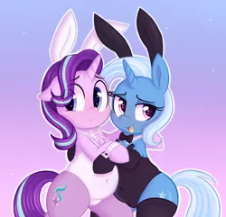 Size: 1244x1198 | Tagged: safe, artist:toroitimu, derpibooru import, starlight glimmer, trixie, pony, unicorn, adorasexy, belly button, bunny ears, bunny suit, chest fluff, chubby, clothes, cute, diatrixes, female, glimmerbetes, gradient background, leotard, lesbian, mare, open mouth, plump, shipping, smiling, socks, startrix