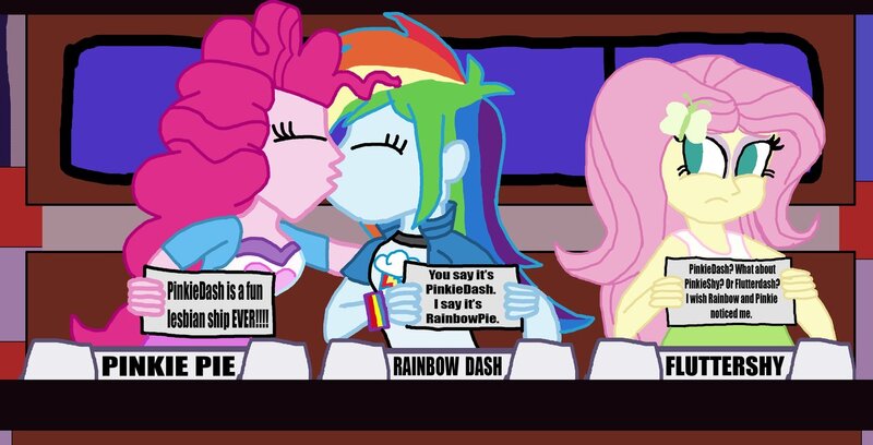 Size: 1251x638 | Tagged: safe, artist:ktd1993, derpibooru import, fluttershy, match game, pinkie pie, rainbow dash, equestria girls, clothes, eyes closed, female, frown, kissing, lesbian, match game (game show), pinkiedash, shipping