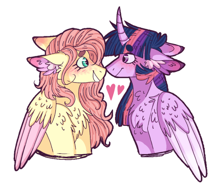 Size: 768x655 | Tagged: safe, artist:wanderingpegasus, derpibooru import, fluttershy, twilight sparkle, twilight sparkle (alicorn), alicorn, pegasus, pony, boop, duo, duo female, female, floppy ears, heart, horn, lesbian, mare, nuzzling, shipping, twishy, wings