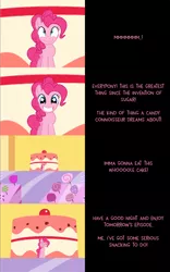 Size: 2000x3215 | Tagged: safe, artist:mlp-silver-quill, derpibooru import, pinkie pie, earth pony, pony, comic:pinkie pie says goodnight, cake, comic, female, food, high res, mare, miniature pony, size difference, solo, sugarcube corner, this will end in diabetes, wingding eyes