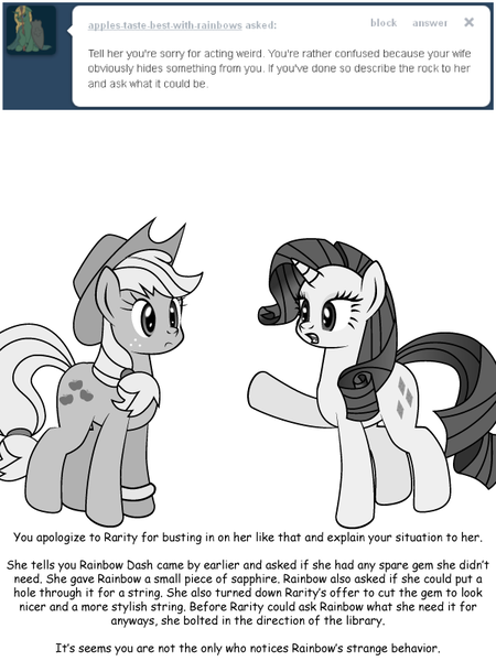 Size: 600x800 | Tagged: safe, artist:dekomaru, derpibooru import, applejack, rarity, pony, tumblr:ask twixie, applestuck, ask, grayscale, implied appledash, implied lesbian, implied shipping, monochrome, tumblr