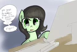 Size: 3000x2000 | Tagged: safe, artist:naked drawfag, derpibooru import, oc, oc:anonfilly, unofficial characters only, earth pony, pony, ..., /mlp/, computer, computer mouse, dialogue, female, filly, image, keyboard, looking at you, misspelling, monitor, open mouth, png, solo, speech bubble, talking to viewer, vulgar