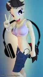 Size: 720x1280 | Tagged: 3d, anthro, anthro oc, artist:pixel-perry, blender, breasts, clothes, cutie mark, derpibooru import, female, grin, headphones, looking at you, oc, peace sign, pose, shorts, showing off, smiling, solo, suggestive, unofficial characters only