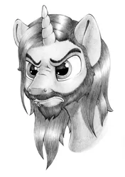 Size: 1812x2576 | Tagged: safe, artist:stallionslaughter, derpibooru import, oc, unofficial characters only, pony, unicorn, angry, beard, bust, facial hair, frown, grayscale, lip piercing, male, monochrome, piercing, ponysona, portrait, solo, stallion