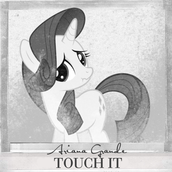 Size: 800x800 | Tagged: safe, artist:penguinsn1fan, artist:rubez2525, derpibooru import, rarity, pony, ariana grande, cover, monochrome, parody, scrunchy face, solo