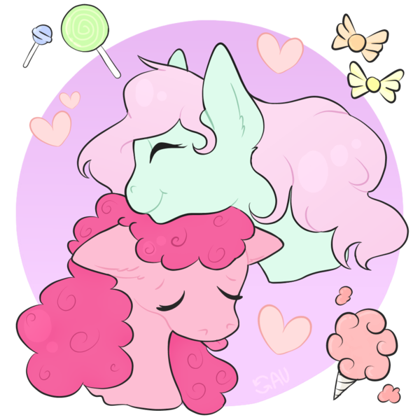 Size: 1000x1000 | Tagged: safe, artist:reverseau, derpibooru import, minty, pinkie pie, pony, :p, candy, cotton candy, cute, eyes closed, female, floppy ears, food, g3, g3 to g4, generation leap, gradient background, heart, lesbian, lollipop, mare, mintypie, shipping, simple background, smiling, tongue out, transparent background