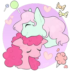 Size: 1000x1000 | Tagged: safe, artist:reverseau, derpibooru import, minty, pinkie pie, pony, :p, candy, cotton candy, cute, eyes closed, female, floppy ears, food, g3, g3 to g4, generation leap, gradient background, heart, lesbian, lollipop, mare, mintypie, shipping, simple background, smiling, tongue out, transparent background