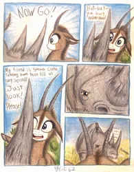 Size: 1072x1376 | Tagged: africa, animal in mlp form, antelope, artist:thefriendlyelephant, black rhinoceros, bush, cloven hooves, comic, comic:sable story, derpibooru import, giant sable antelope, grass, horns, menacing, nervous, oc, oc:grumpy the rhino, oc:uganda, rhinoceros, safe, savanna, territorial, traditional art, unofficial characters only