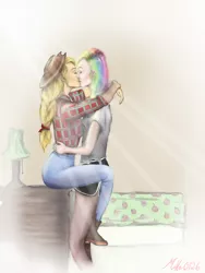 Size: 1224x1632 | Tagged: safe, artist:milla0126, derpibooru import, applejack, rainbow dash, human, appledash, female, humanized, kissing, lesbian, shipping