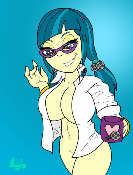 Size: 2496x3280 | Tagged: suggestive, artist:missmagnificence, derpibooru import, juniper montage, equestria girls, mirror magic, movie magic, spoiler:eqg specials, bottomless, breasts, busty juniper montage, censored, clothes, coffee mug, female, glasses, mug, nudity, partial nudity, shirt, solo, solo female, strategically covered, stupid sexy juniper montage, teasing