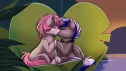 Size: 1920x1080 | Tagged: safe, artist:confetticakez, derpibooru import, oc, oc:bassy, oc:intrepid charm, unofficial characters only, pegasus, pony, unicorn, collar, foliage, gay, kissing, leaf boat, lion king 2 simba's pride, male, river, romance, the lion king