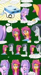 Size: 2400x4400 | Tagged: safe, artist:jake heritagu, derpibooru import, diamond tiara, rumble, scootaloo, pony, comic:ask motherly scootaloo, comic, controller, hairpin, motherly scootaloo, noblewoman's laugh, sweatshirt, video game