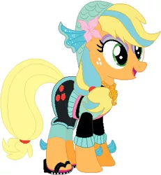 Size: 356x385 | Tagged: safe, artist:selenaede, artist:user15432, derpibooru import, applejack, earth pony, pony, bandana, base used, crossover, female, jewelry, lagoona blue, mare, mattel, monster high, necklace, pink flowers, sandals, sea creature, sea monster