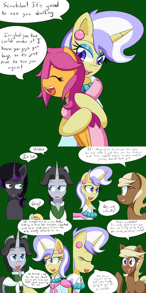 Size: 1600x3200 | Tagged: safe, artist:jake heritagu, derpibooru import, derpy hooves, jet set, scootaloo, upper crust, oc, oc:sandy hooves, oc:warden, pony, comic:ask motherly scootaloo, clothes, comic, hug, motherly scootaloo, sweatshirt