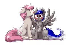 Size: 1699x1076 | Tagged: safe, artist:confetticakez, derpibooru import, oc, oc:bassy, oc:intrepid charm, unofficial characters only, pegasus, pony, unicorn, ear licking, gay, male, spread wings, stallion, wingboner, wings