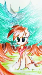 Size: 1917x3411 | Tagged: safe, artist:liaaqila, derpibooru import, oc, oc:buck evergreen, unofficial characters only, earth pony, pony, bandana, colored, cute, ear fluff, forest, grass, looking at you, male, signature, sitting, smiling, solo, stallion, traditional art, tree