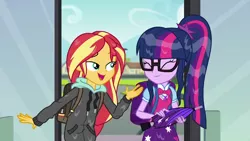 Size: 1280x720 | Tagged: safe, derpibooru import, screencap, sci-twi, sunset shimmer, twilight sparkle, eqg summertime shorts, equestria girls, monday blues, backpack, clothes, geode of telekinesis, hoodie, magical geodes, shipping fuel, umbrella, wet hair