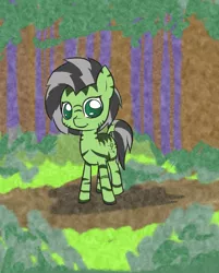 Size: 1000x1246 | Tagged: safe, artist:happy harvey, derpibooru import, oc, oc:anon, oc:anonfilly, unofficial characters only, zebra, bush, colored, colored background, cute, cutie mark, dock, drawn on phone, female, filly, forest, grass, head, legs, looking at you, mane, race swap, smiling, solo, standing, stripes, :t, tail, tree, zebra oc