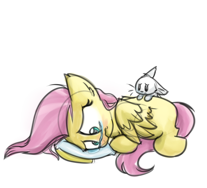 Size: 1024x931 | Tagged: safe, artist:littleblackraencloud, derpibooru import, angel bunny, fluttershy, pony, rabbit, colored sketch, duo, ear fluff, floppy ears, frown, looking down, missing cutie mark, pillow, prone, sad, simple background, teary eyes, transparent background, wings