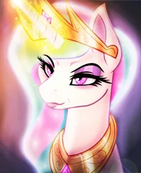 Size: 635x777 | Tagged: alicorn, artist:aaa-its-spook, artist:spook, bust, crown, derpibooru import, glowing horn, glowing mane, jewelry, lens flare, lidded eyes, magic, princess celestia, regalia, safe, smiling, smirk, solo