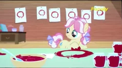 Size: 1233x693 | Tagged: safe, derpibooru import, screencap, kettle corn, earth pony, pony, marks and recreation, circle painting, discovery family logo, female, filly, foal, food, low quality, solo, strawberry jam