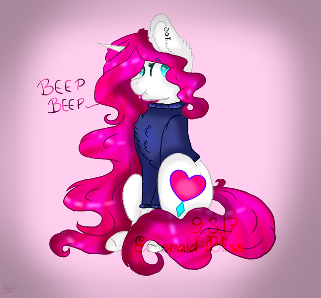 Size: 1400x1300 | Tagged: safe, artist:emerald-bliss, derpibooru import, oc, oc:button love, unofficial characters only, pony, unicorn, clothes, female, mare, sitting, solo, sweater, tongue out